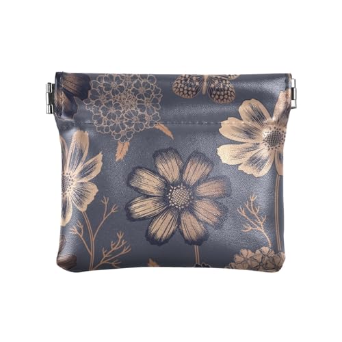 ZRWLUCKY Kleine Münzgeldbörse aus PU-Leder mit goldfarbenen blauen Blumen und Schmetterlingen, Goldfarbene blaue Blumen und Schmetterling, 4.33"(L) x 3.74"(W) x 0.39"(H), Aufdruck von ZRWLUCKY