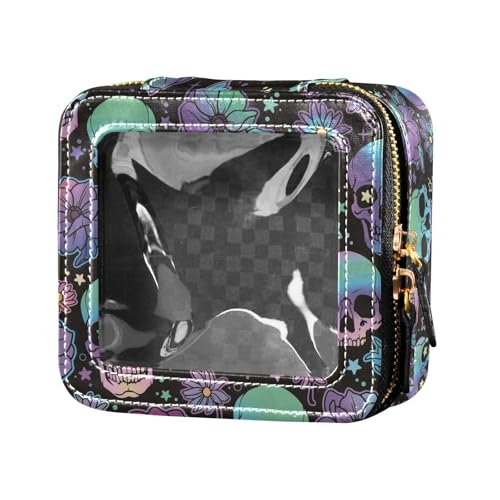 ZRWLUCKY Kosmetiktasche aus transparentem Leder, Motiv: Hexenköpfe, Blume, Happy Halloween, Kulturbeutel, Make-up-Organizer für Reisen, Bright Human Witchy Skulls flower Happy Halloween von ZRWLUCKY