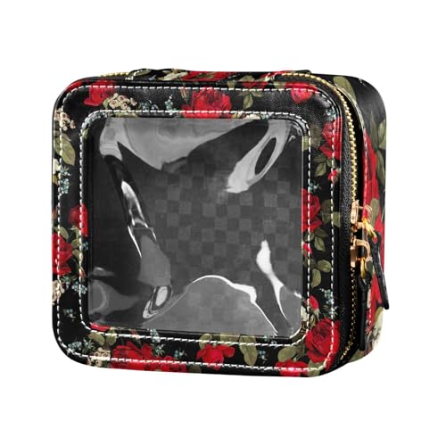 ZRWLUCKY Kosmetiktasche mit Blumenmuster, rote Rosen, transparent, kleine Make-up-Tasche für Geldbörse, Kulturbeutel, Nagellack, Organizer-Tasche zum Fliegen, Blumenmuster, rote Rosen von ZRWLUCKY