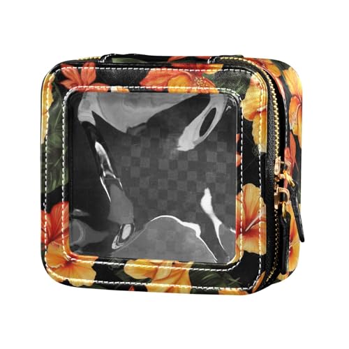 ZRWLUCKY Kosmetiktasche mit Reißverschluss, für Nagellack-Organizer, Orange mit schwarzem Hintergrund, transparent, Orangefarbene Blumen, schwarzer Hintergrund von ZRWLUCKY