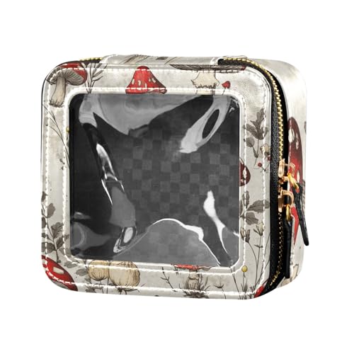 ZRWLUCKY Kosmetiktasche mit roten Pilzen und Blättern, transparent, für Reisen, Make-up-Tasche, Kulturbeutel, Kosmetik-Organizer für Fliegen, Rote Pilze und Blätter von ZRWLUCKY