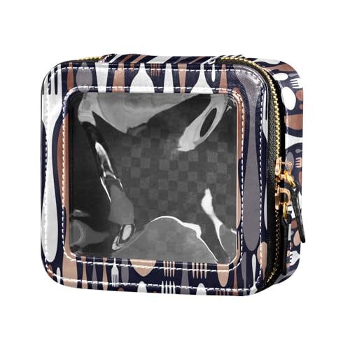 ZRWLUCKY Make-up-Tasche aus Leder, mit Besteckmuster, transparent, klein, tragbar, Make-up-Organizer für Damen, Kupfer-Besteckmuster Restaurant-Utensilien von ZRWLUCKY