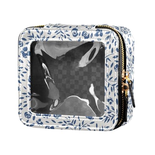 ZRWLUCKY Make-up-Tasche mit blauen Blumen, modern, niedlich, transparent, mit Reißverschluss, Leder-Organizer-Tasche für Damen, Blaue Blumen, modern von ZRWLUCKY