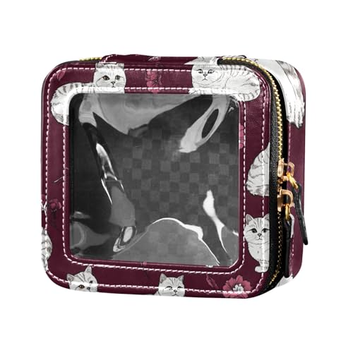 ZRWLUCKY Make-up-Tasche mit kleinen Katzen und Blumenmuster, Burgunderrot, transparent, Reisetaschen für Toilettenartikel, Make-up-Tasche, Organizer für Reisen, kleine Katze und Blumenmuster, von ZRWLUCKY