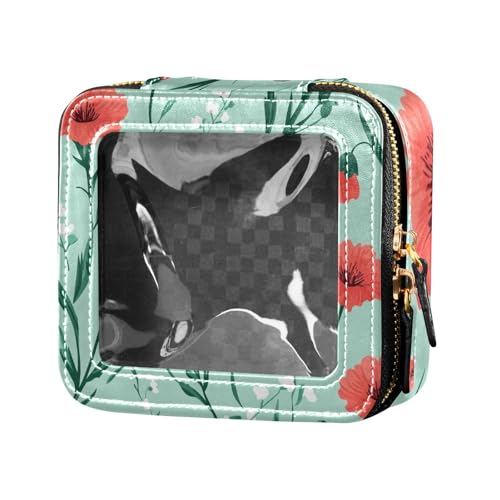 ZRWLUCKY Mini-Make-up-Tasche, Kulturbeutel mit Reißverschluss, Kosmetiktasche für Damen, rote Nelke, blaugrüner Hintergrund, Rote Nelke, blaugrün von ZRWLUCKY