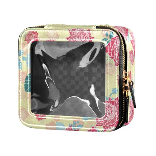 ZRWLUCKY Mini-Make-up-Tasche, rote Rosen, Blumenmuster, transparent, Kulturbeutel, Leder-Kosmetiktasche für Damen, Rote Rosen mit Blumenmuster von ZRWLUCKY
