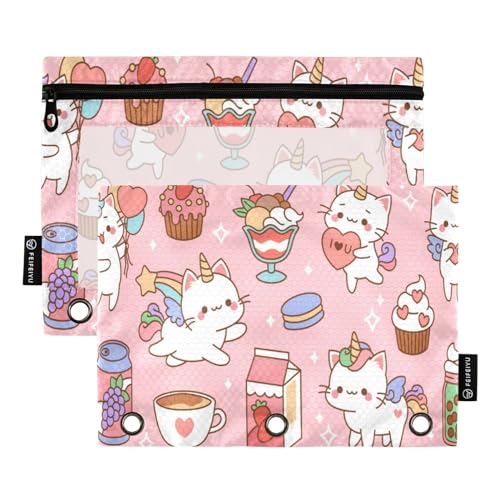 ZRWLUCKY Niedliche Katze, Einhorn, Herz, Pink, 3 Ringbücher, Federmäppchen, 2 Stück, Aktenordner für Büro, Untersuchung, Reißverschluss, Schreibwaren-Tasche von ZRWLUCKY