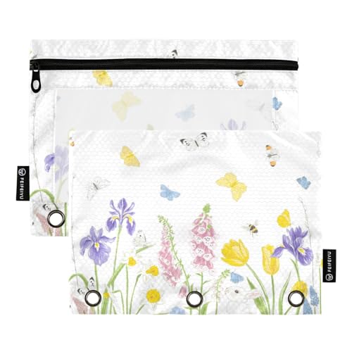 ZRWLUCKY Niedliches Häschen Hase Frohe Ostern Frühling Garten Blume 3 Ring Ordner Federmäppchen 2 stücke Datei Ordner für Büro Prüfung Reißverschluss Schreibwaren Tasche von ZRWLUCKY