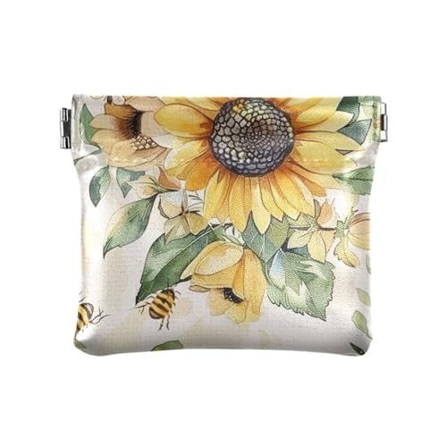 ZRWLUCKY Sommer Sonnenblumen Bienen Damen Kleine Leder Kleingeld Geldbörse Niedliche Kosmetiktaschen für Frauen, Sommer-Sonnenblumen, Bienen, 4.33"(L) x 3.74"(W) x 0.39"(H), Aufdruck von ZRWLUCKY