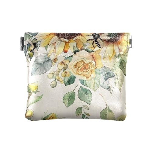 ZRWLUCKY Süße Sommer-Sonnenblumen, Bienen, Rosen, PU-Leder, Kleingeldbörse, tragbare Mini-Münzgeldbörse für Mädchen und Damen, Niedliche Sommer-Sonnenblumen, Bienen, Rosen, 4.33"(L) x 3.74"(W) x von ZRWLUCKY