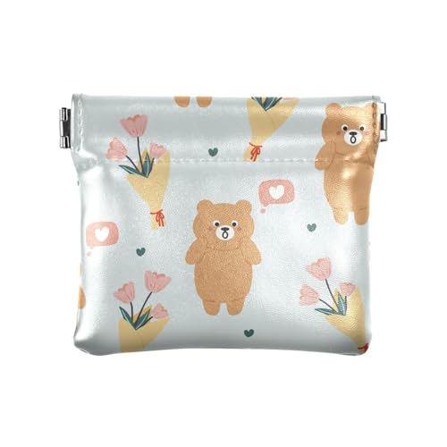 ZRWLUCKY Süßer Bär, blaugrün, PU-Leder, kleine Münzgeldbörse, wasserdicht, Kartenschlüssel-Organizer für Damen, Mehrfarbig, 4.33"(L) x 3.74"(W) x 0.39"(H), Aufdruck von ZRWLUCKY