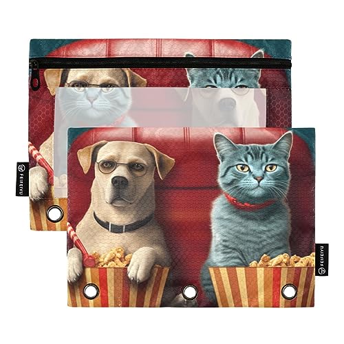 Zwei Katzen und Hunde schauen einen Film mit Popcorn 3 Ringbüchern Federmäppchen 2 Stück Aktenordner für Büro Prüfung Reißverschluss Schreibwaren Tasche von ZRWLUCKY