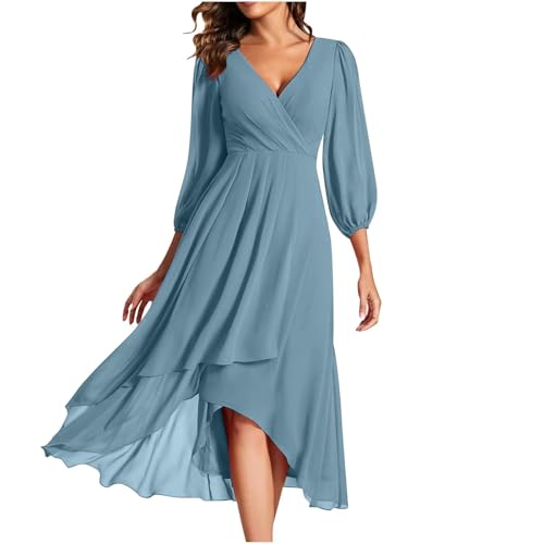 Abendkleider Elegant Für Hochzeit V Ausschnitt Kleid Hochzeitsgast Lang Chiffon Cocktailkleid Damen Midi A Linie Asymmetrisch Brautjungfernkleid 3/4 Ärmel Ballkleid Plissee Schwingen von ZRYAZQ