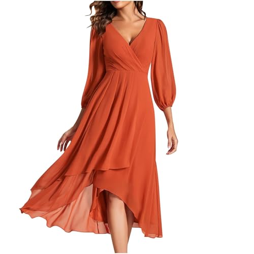 Abendkleider Elegant Für Hochzeit V Ausschnitt Kleid Hochzeitsgast Lang Chiffon Cocktailkleid Damen Midi A Linie Asymmetrisch Brautjungfernkleid 3/4 Ärmel Ballkleid Plissee Schwingen von ZRYAZQ