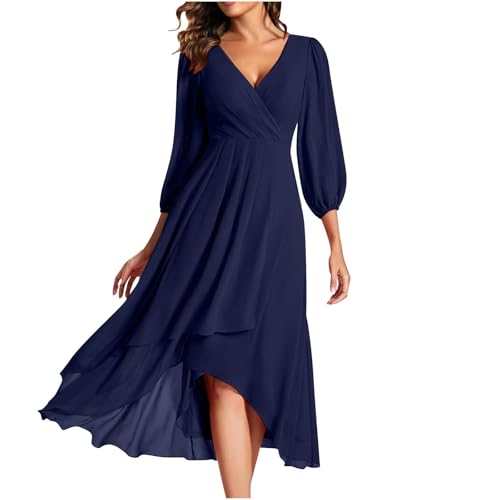 Abendkleider Elegant Für Hochzeit V Ausschnitt Kleid Hochzeitsgast Lang Chiffon Cocktailkleid Damen Midi A Linie Asymmetrisch Brautjungfernkleid 3/4 Ärmel Ballkleid Plissee Schwingen von ZRYAZQ