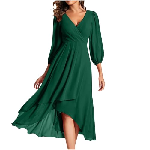 Abendkleider Elegant Für Hochzeit V Ausschnitt Kleid Hochzeitsgast Lang Chiffon Cocktailkleid Damen Midi A Linie Asymmetrisch Brautjungfernkleid 3/4 Ärmel Ballkleid Plissee Schwingen von ZRYAZQ
