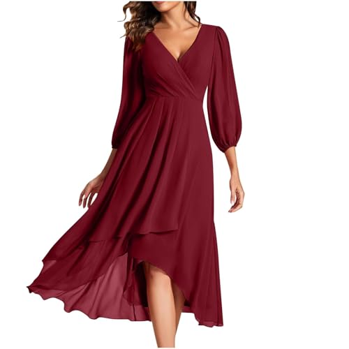 Abendkleider Elegant Für Hochzeit V Ausschnitt Kleid Hochzeitsgast Lang Chiffon Cocktailkleid Damen Midi A Linie Asymmetrisch Brautjungfernkleid 3/4 Ärmel Ballkleid Plissee Schwingen von ZRYAZQ