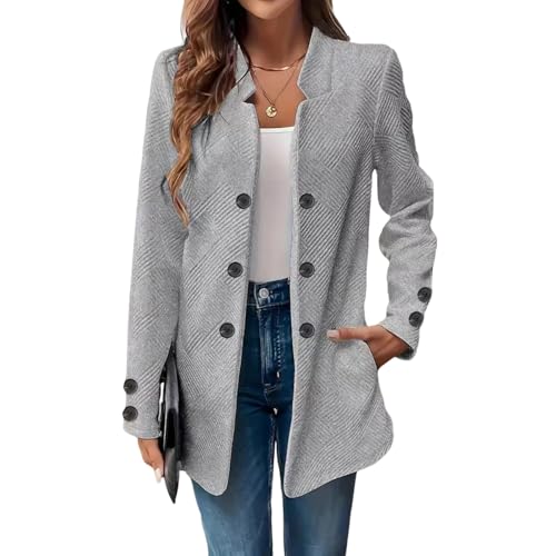 Blazer Damen Elegant Lang Damenblazer Stehkragen mit Knöpfen Übergangsjacke Damen Leicht Herbstjacke Slim Blazermantel Lang Business Mantel Übergang mit Taschen Jacke Langarm Casual Damenjacken von ZRYAZQ