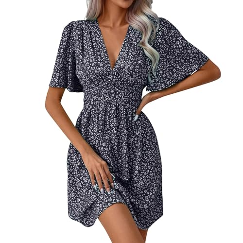Blumenkleid Damen Elegant Boho Kurz Sommerkleid Damen Leicht A Linie Geblümt Kleider Sommer Kurzarm V Ausschnitt Sommerkleider Leicht Und Luftig Mini Kleid Frauen Tailliert Schwingen Blumen von ZRYAZQ