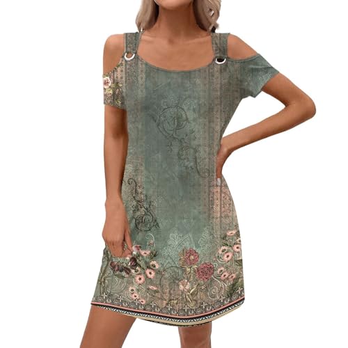 Boho Kleid Damen Kurzarm Elegant Blumen Sommerkleid Damen Kurz Cold Shoulder Italienische Kleider Sommer A Linie mit Taschen Sommerkleider Frauen Leicht Und Luftig Strandkleid Boho Blumenkleid von ZRYAZQ