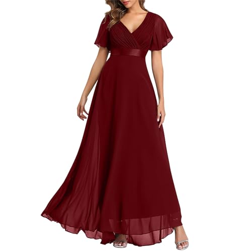 Brautjungfernkleid Lang A-Linien Kleid Hochzeitsgast Damen V Ausschnitt Abendkleid Damen Elegant Hohe Taille Cocktailkleid Damen für Hochzeit Abendkleider mit Ärmel Ballkleider Festliche von ZRYAZQ