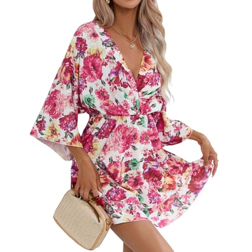 Damen Blumenkleid Kurz Sommer 3/4 Ärmel Italienische Kleider Sommer A Linie Elegant Sommerkleid Damen V Ausschnitt Blumen Sommerkleider Leicht Und Luftig Boho Kleid Frauen Tailliert Minikleid von ZRYAZQ