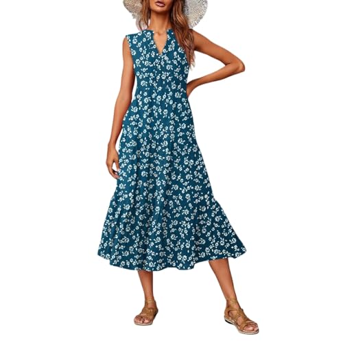 Damen Kleid Geblümt Lang A Linie Sommerkleid Damen Leicht Und Luftig Boho Kleider Sommer Maxi Ärmellos Rüschen Sommerkleider Elegant Blumen V Ausschnitt Blumenkleid Frauen Sommer Volant von ZRYAZQ