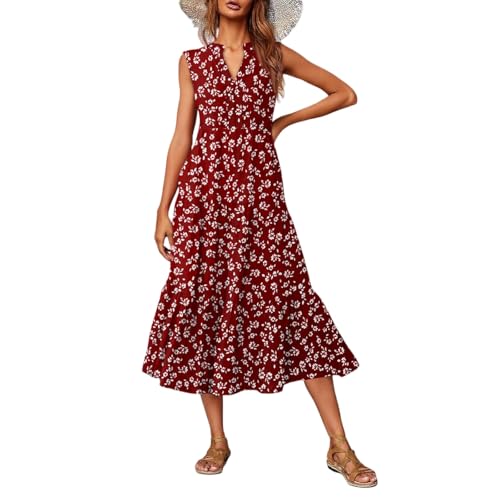 Damen Kleid Geblümt Lang A Linie Sommerkleid Damen Leicht Und Luftig Boho Kleider Sommer Maxi Ärmellos Rüschen Sommerkleider Elegant Blumen V Ausschnitt Blumenkleid Frauen Sommer Volant von ZRYAZQ