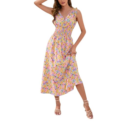 Damen Kleid Lang Sommer Blumen Ärmellos Maxikleid Damen Boho A Linie Elegant Sommerkleid Maxi V Ausschnitt Korsett Italienische Kleider Sommer Geblümt Sommerkleider Leicht Und Luftig Blumenkleid von ZRYAZQ