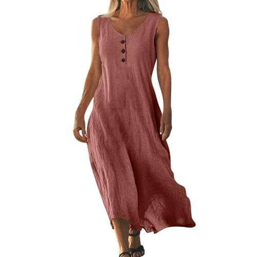 Damen Kleider Sommer Ärmellos Lang Elegant Sommerkleid Damen A Linie Maxi Baumwolle Leinen Maxikleider Sommer V Ausschnitt mit Knopfleiste Sommerkleider Leicht Und Luftig Kleid Frauen Freizeit von ZRYAZQ