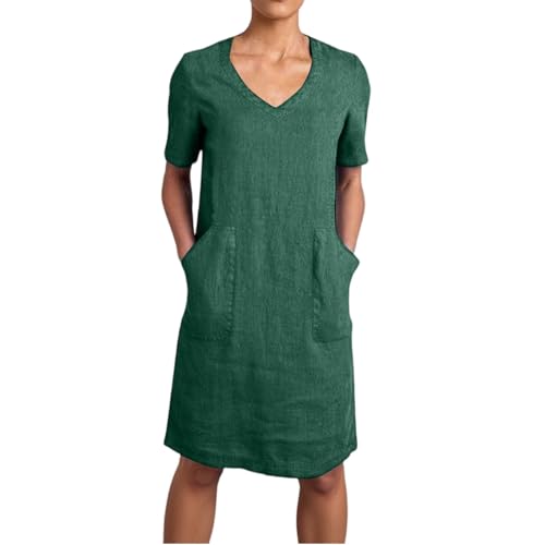Damen Kleider Sommer Knielang V Ausschnitt Kurzarm Sommerkleid Damen A Linie Elegant Baumwolle Leinen Sommerkleider Leicht Und Luftig Leinenkleid Sommer Knie Lange Kleid mit Taschen Strandkleid von ZRYAZQ
