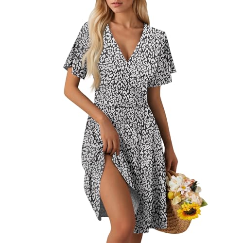 Damen Kleider Sommer Kurz Blumen Elegant Sommerkleid Damen Kurz V Ausschnitt A Linie Kleid Sommer Kurzarm Tailliert Wickelkleid Geblümt Sommerkleider Leicht Und Luftig Strandkleid Blumenkleid von ZRYAZQ