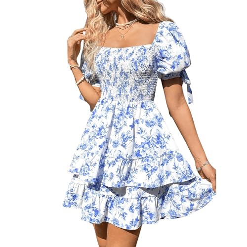Damen Kleider Sommer Kurz Geblümt Korsett Sommerkleid Damen Elegant Rüschen A Linie Sommerkleider Leicht Und Luftig Sundress Corset Blumen Kleid Sommer Puffärmel Mini Italienische Skaterkleid von ZRYAZQ