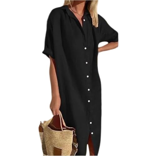 Damen Kleider Sommer Lang Hemdkleid Damen Sommer Maxi Kurzarm Elegant Sommerkleid Leicht A Linie mit Knopfleiste Hemdblusenkleid Maxikleider mit Kragen Sommerkleider Luftig Strandkleid Locker von ZRYAZQ