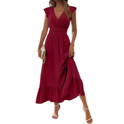 Damen Kleider Sommer Lang Korsett V Ausschnitt Maxikleid Damen Sommer mit Ärmel A Linie Rüschen Sommerkleid Maxi Elegant Plissee Kleid Frauen Tailliert Volant Sommerkleider Leicht Und Luftig von ZRYAZQ