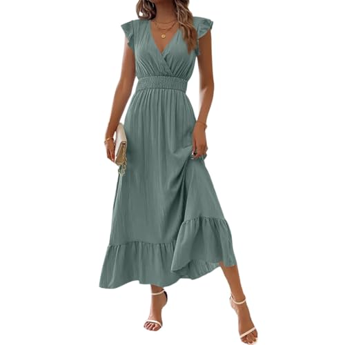 Damen Kleider Sommer Lang Korsett V Ausschnitt Maxikleid Damen Sommer mit Ärmel A Linie Rüschen Sommerkleid Maxi Elegant Plissee Kleid Frauen Tailliert Volant Sommerkleider Leicht Und Luftig von ZRYAZQ