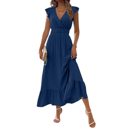Damen Kleider Sommer Lang Korsett V Ausschnitt Maxikleid Damen Sommer mit Ärmel A Linie Rüschen Sommerkleid Maxi Elegant Plissee Kleid Frauen Tailliert Volant Sommerkleider Leicht Und Luftig von ZRYAZQ