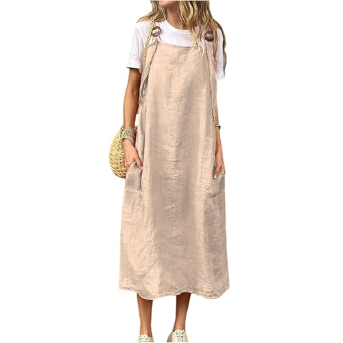 Damen Latzkleid Sommer Lang Ärmellos Sommerkleid Damen Leicht A Linie Maxi Jumpsuit Elegant Latzkleid Baumwolle Leinen Overallkleid mit Taschen Latzrock Verstellbares Hosenträger Maxikleid von ZRYAZQ