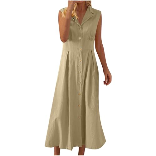 Damen Maxikleider Sommer Elegant Ärmellos V Ausschnitt Kleid Damen Sommer Lang Baumwolle Leinen Sommerkleid A Linie Maxi mit Knopfleiste Sommerkleider Leicht Und Luftig Kleider mit Kragen von ZRYAZQ