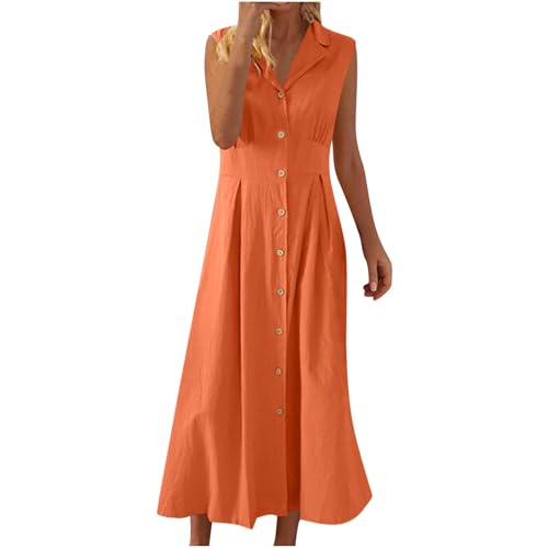 Damen Maxikleider Sommer Elegant Ärmellos V Ausschnitt Kleid Damen Sommer Lang Baumwolle Leinen Sommerkleid A Linie Maxi mit Knopfleiste Sommerkleider Leicht Und Luftig Kleider mit Kragen von ZRYAZQ