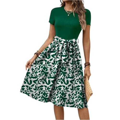 Damen Midikleid Sommer A Linie Blumen Sommerkleid Damen Midi Kurzarm mit Gürtel Sommerkleider Leicht Und Luftig Lang Kleider Sommer Elegant Schwingen Patchwork Kleid Rundhals Sundress Long von ZRYAZQ