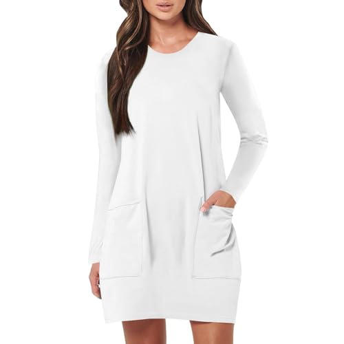 Damen Pulloverkleid Elegant Langarm Blusenkleid Damen Kurz Herbstkleid Damen mit Taschen Shirtkleid Rundhals Einfarbig Winterkleid Frauen A-Linien Tunika Kleid Casual Winterkleider von ZRYAZQ