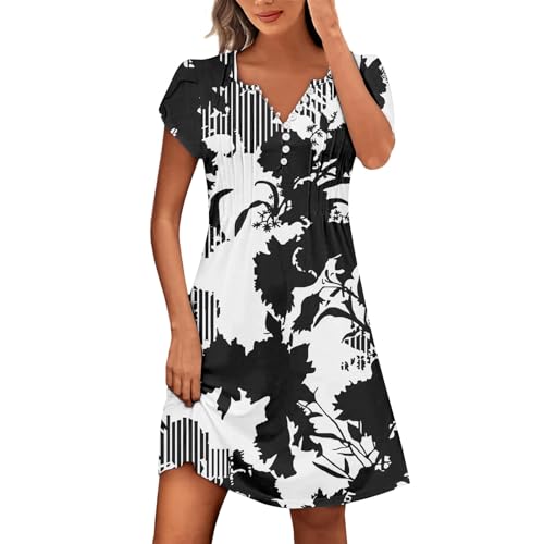 Damen Sommerkleid Knielang Blumen A Linie Sommerkleider Damen Leicht Und Luftig Kleider Sommer Elegant V Ausschnitt mit Knopfleiste Blumenkleid Frauen Sommer Kurzarm Strandkleid Luftig Floral von ZRYAZQ