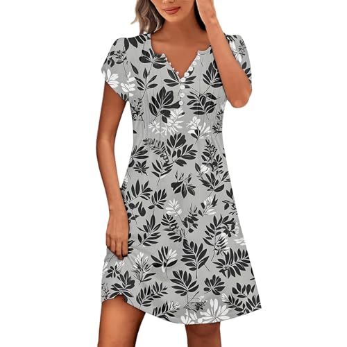 Damen Sommerkleid Knielang Blumen A Linie Sommerkleider Damen Leicht Und Luftig Kleider Sommer Elegant V Ausschnitt mit Knopfleiste Blumenkleid Frauen Sommer Kurzarm Strandkleid Luftig Floral von ZRYAZQ