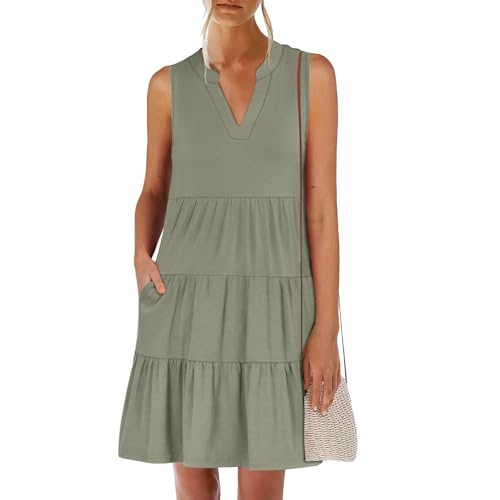 Damen Sommerkleid Knielang V Ausschnitt Rüschen Kleider Damen Ärmellos A Linie Elegant Sommerkleider Leicht Und Luftig Volant Kleid Frauen Sommer Knielanges mit Taschen Strandkleid Luftig von ZRYAZQ