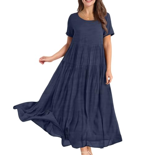 Damen Sommerkleid Lang A Linie Plissee Kleider Damen Sommer Maxi Elegant Weite Sommerkleider Leicht Und Luftig Maxikleider Frauen Sommer Kurzarm Rundhals Strandkleid Luftig Einfarbig Kleid von ZRYAZQ