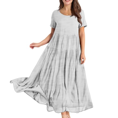 Damen Sommerkleid Lang A Linie Plissee Kleider Damen Sommer Maxi Elegant Weite Sommerkleider Leicht Und Luftig Maxikleider Frauen Sommer Kurzarm Rundhals Strandkleid Luftig Einfarbig Kleid von ZRYAZQ
