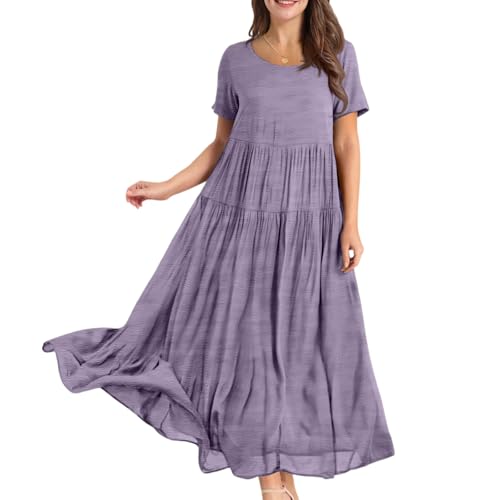 Damen Sommerkleid Lang A Linie Plissee Kleider Damen Sommer Maxi Elegant Weite Sommerkleider Leicht Und Luftig Maxikleider Frauen Sommer Kurzarm Rundhals Strandkleid Luftig Einfarbig Kleid von ZRYAZQ