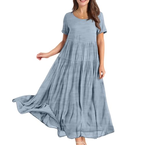 Damen Sommerkleid Lang A Linie Plissee Kleider Damen Sommer Maxi Elegant Weite Sommerkleider Leicht Und Luftig Maxikleider Frauen Sommer Kurzarm Rundhals Strandkleid Luftig Einfarbig Kleid von ZRYAZQ