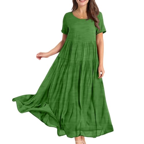 Damen Sommerkleid Lang A Linie Plissee Kleider Damen Sommer Maxi Elegant Weite Sommerkleider Leicht Und Luftig Maxikleider Frauen Sommer Kurzarm Rundhals Strandkleid Luftig Einfarbig Kleid von ZRYAZQ